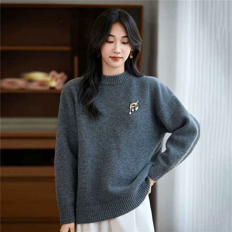 

Свитер из 100% чистой шерсти, женский свитер 2025, осень/зима, новый вязаный пуловер с полувысоким воротником, корейский модный свободный мягкий удобный свитер