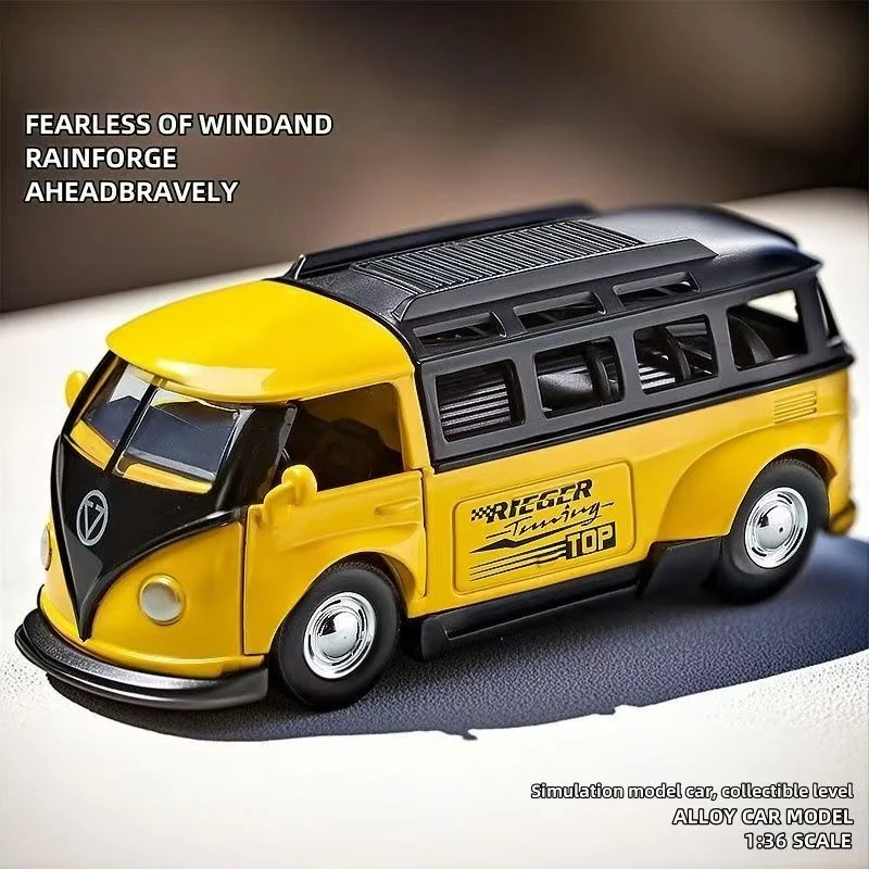 Modelo de carro de simulação em escala 1:36 - ônibus retrô pull-back de liga amarela/azul/verde com portas aberturas e compartimentos removíveis