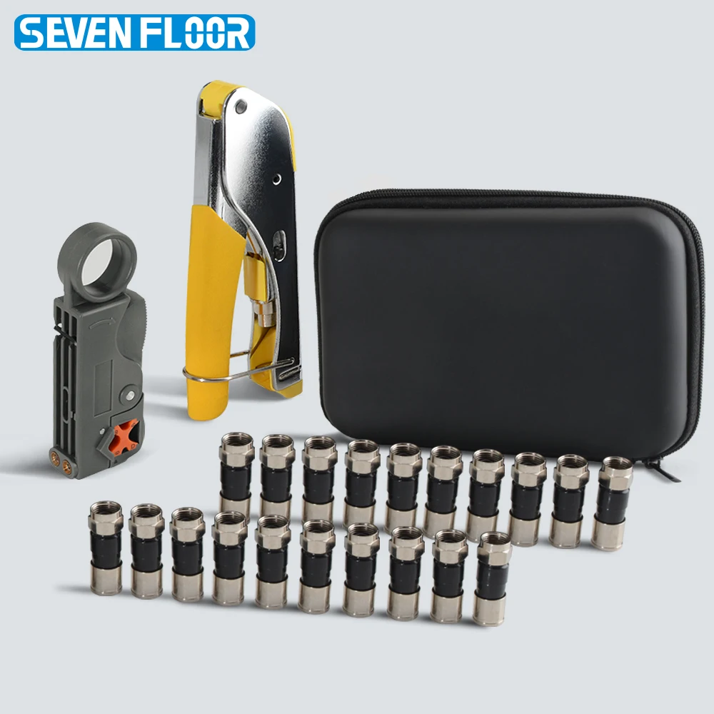 Coaxial Cable Crimper Tool Kit, with 20Pcs RG6 F Connectors & RG6/RG11 Cable Stripper, Easy to Use Coax Crimping Repair Tool