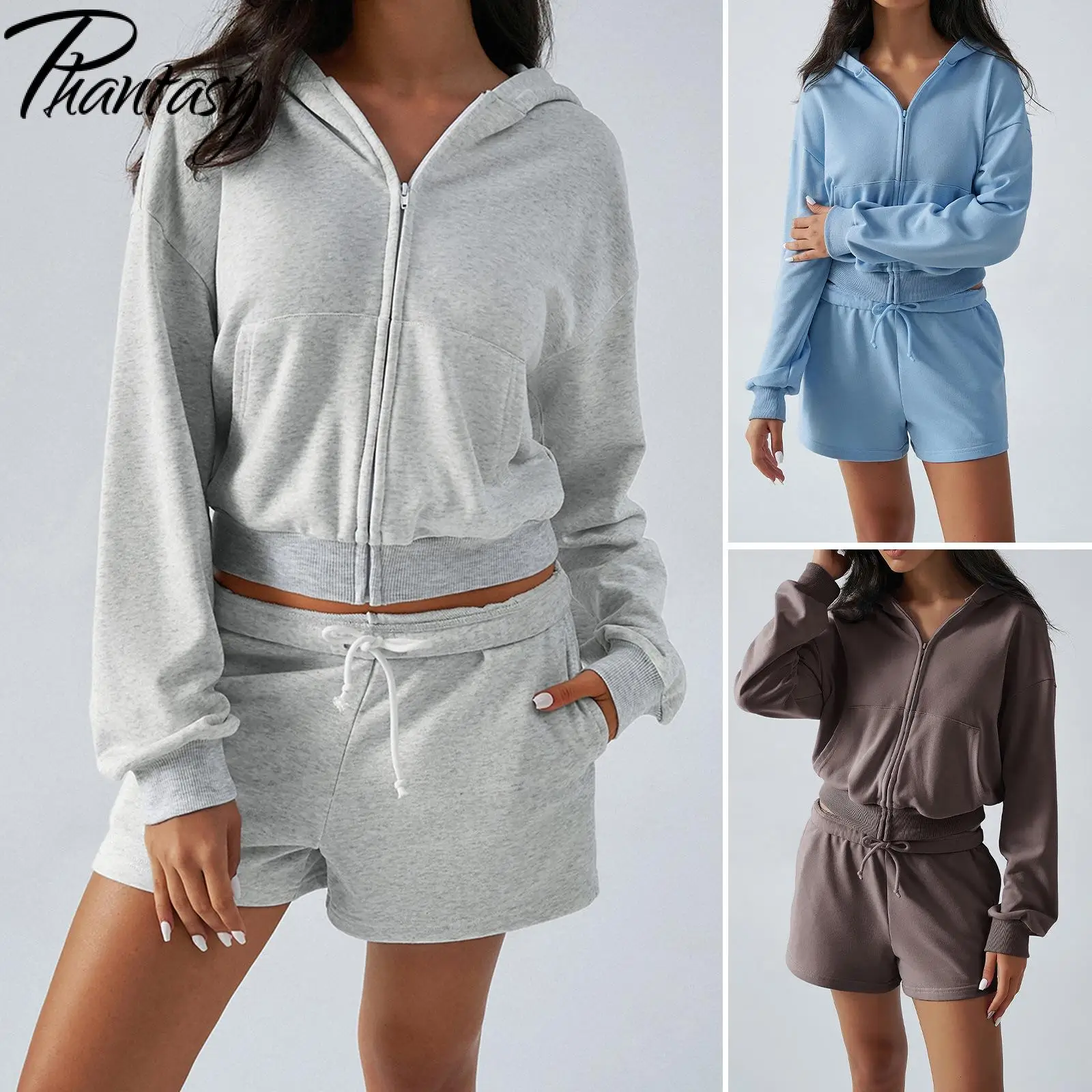 

Phantasy Women Two Piece Set Hooded Pullovers Long Sleeved Hoodies Fashion Causal Zipper Streetwear Autumn Winter Sporty Suit