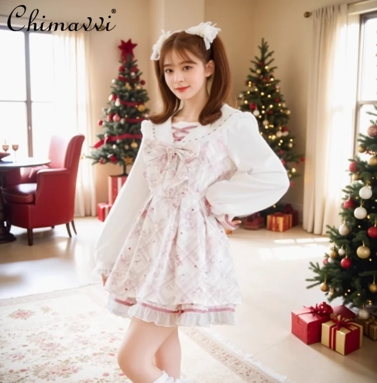 Japanese Liz Sweet Cartoon Printed Lace Strap Dress Sets Mine Series Mass-produced Splicing Long-sleeved Waist Dress and Shorts