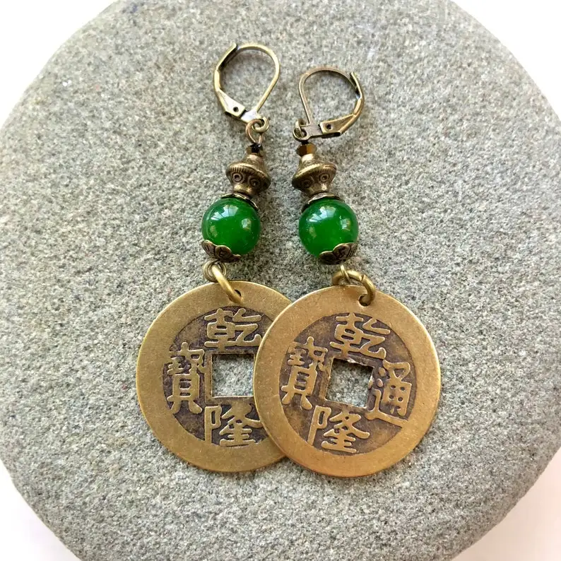 JADE - Forest Green - Coin Earrings - Good Luck Earrings - Asian Fashion - Boho Vibe - Chinese Lunar New Year Gift