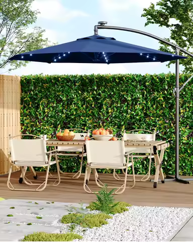 10FT Offset Patio Umbrella With Solar LED Lights Cantilever Sunshade Infinite Tilt Cross Base For Deck Pool Garden Backyard