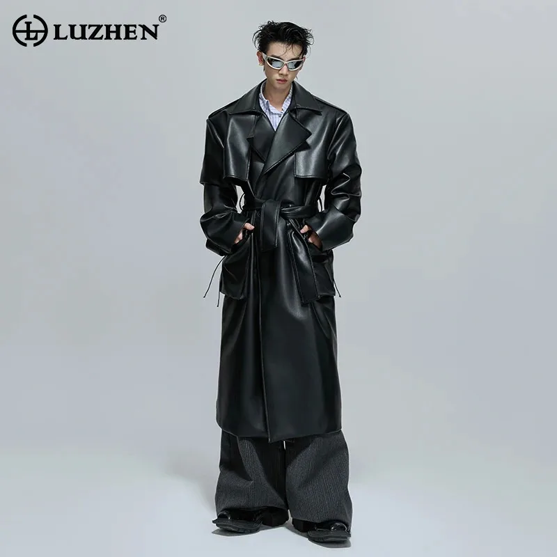 LUZHEN الموضة الأصلية شال المرقعة تصميم الجلود الركبة طول سترة واقية معطف الرجال أنيق جودة عالية الذكور خندق JY4475