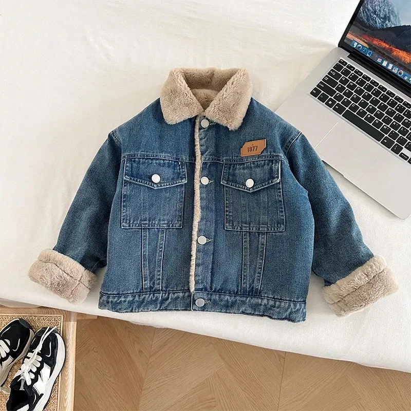 Autumn Winter Thicken Warm Baby Boy Denim Jacket Cute Plush Rabbit Ears Hooded Coats For Boy Children Outerwear Clothing 2-8Y