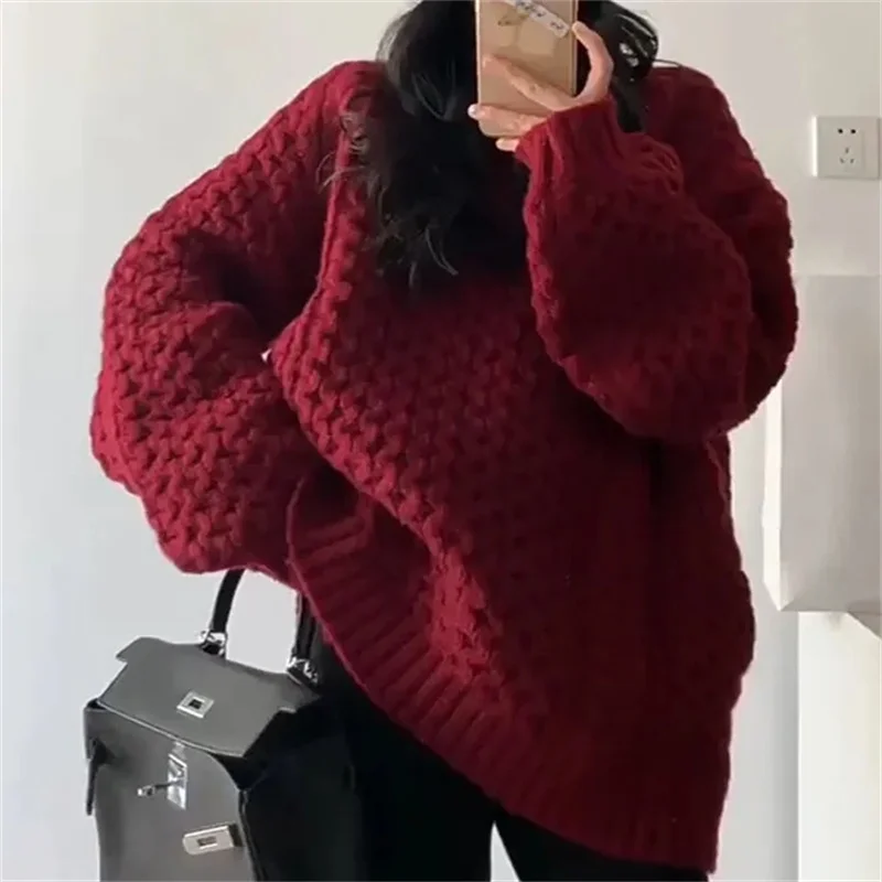 Autumn and Winter 2023 New Thickened Loose Korean Heavy Industry Crochet Vintage Fried Dough Twists Knitted Sweater New Pullover