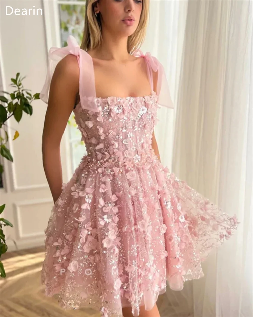 Customized Saudi Arabia Dearin Sheer Straps A-line Mini Length Skirts Layered Draped Tulle Bows Sleeveless Applique Flower Bespo