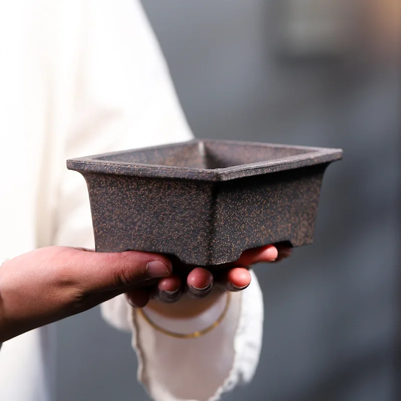 Chinese Yixing Purple Clay Small Rectangular Flower Pot Traditional Fired Greenery Landscape Bonsai Pot Breathable Pottery Pot