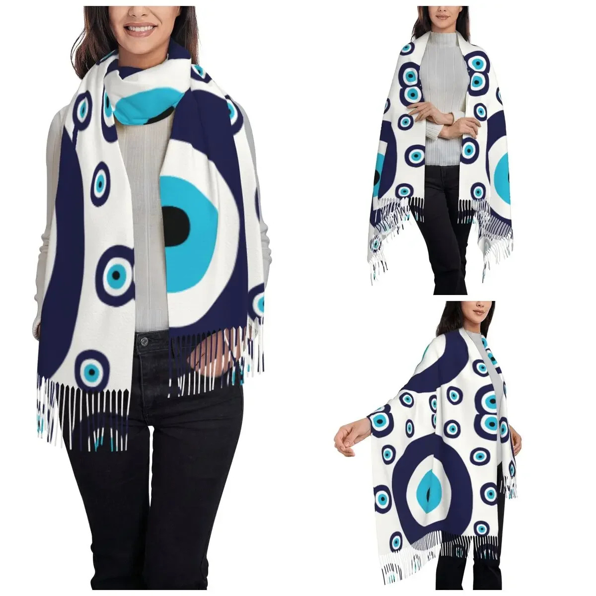 Navy Nazar Evil Eye Lucky Charm Shawl Wrap for Ladies Winter Warm Long Soft Scarf Boho Greek Amulet Pashmina Shawl Scarves