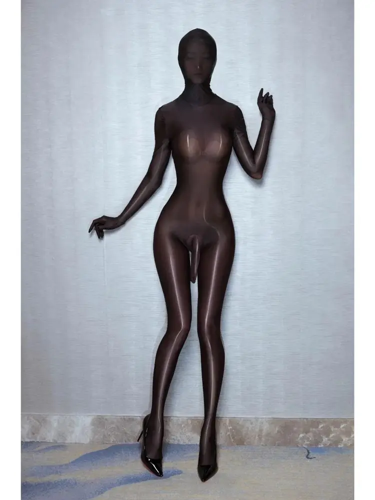 M XL Separate Fingers Nylon Catsuit Bodystocking Penis Sheath Hooded Zentai Bodysuit Tights Leotard Conjoined Lingerie Jumpsuit image 2