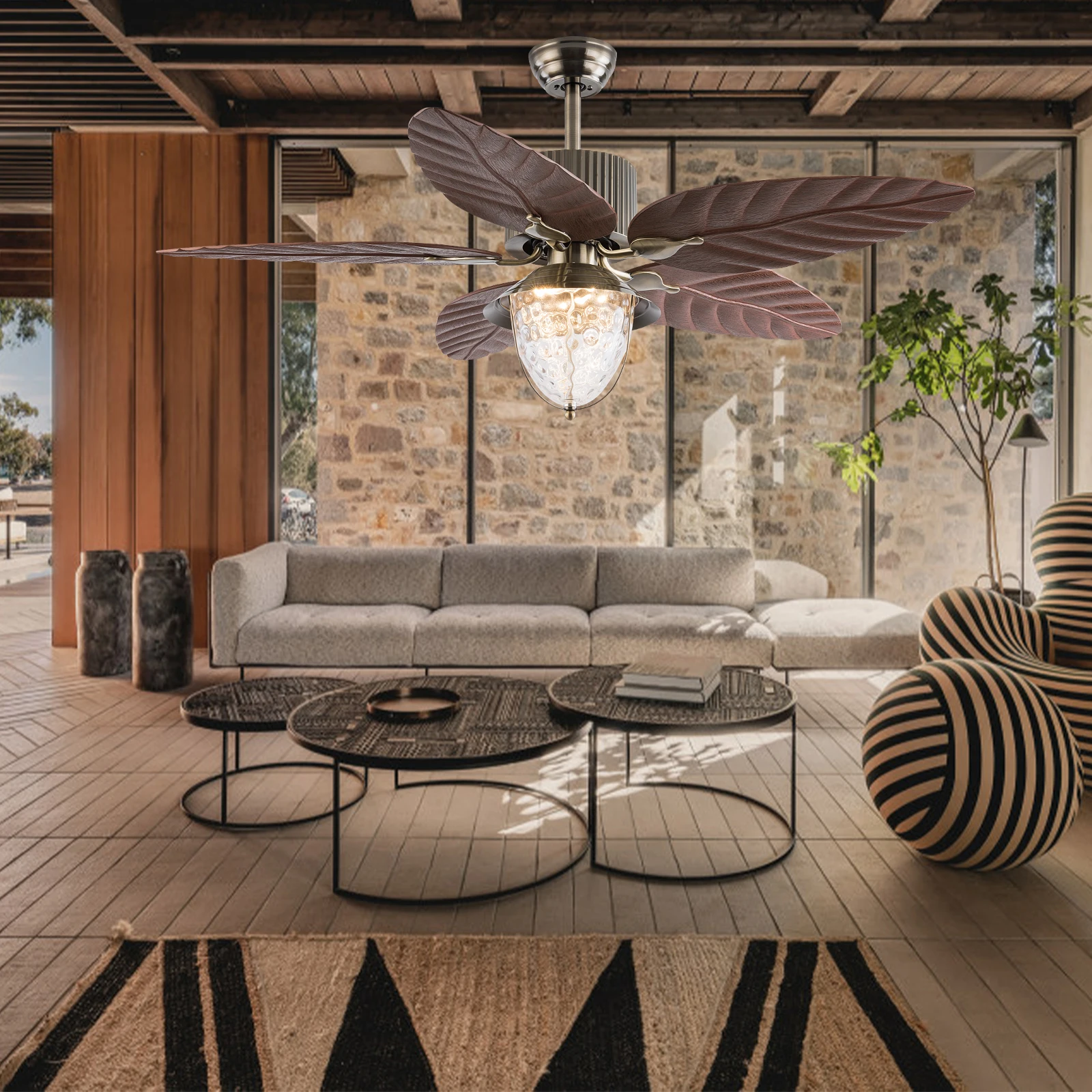 

52 Inch Ceiling Fan With Light, European Luxury Palm Leaf Fan Blade, Suitable For Restaurants, Terraces, Living Rooms