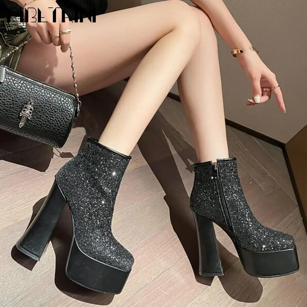 High Heeled Platform Vintage Bling Women Boots Elegant Casual Simple Pretty Ankle Boots Party Stylish Novelty Winter Shoes Women