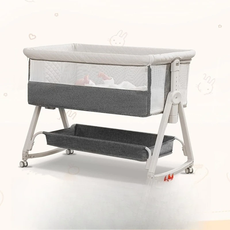 Baby Crib Movable Cradle Bed  Portable 2-in-1 Foldable Multifunctional BB Kids Newborn Splicing Large Bed Toddler Bed Bedroom
