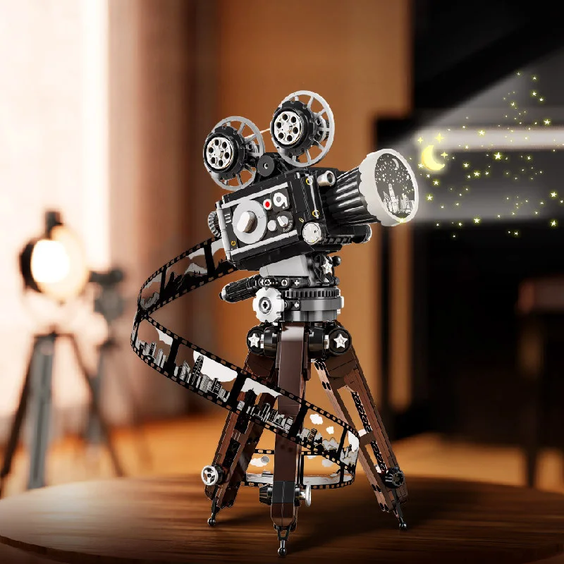 iDEA Film Retro Proyektor Film Simulasi Blok Bangunan Koleksi Mainan Bata Model Konstruksi Mesin Klasik dengan Cahaya