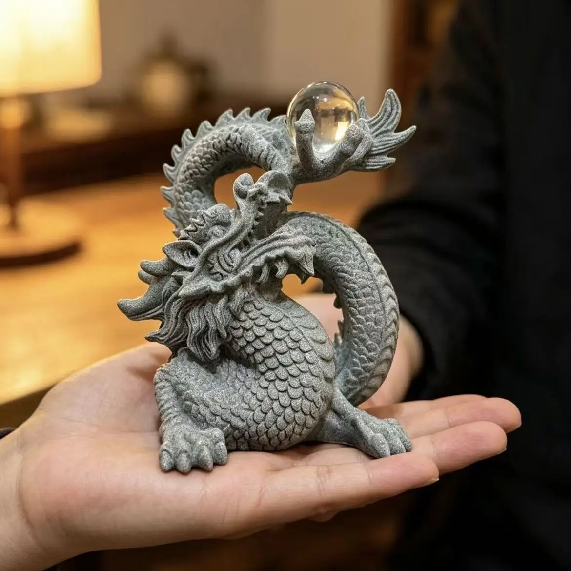 Feng Shui Chinese Dragon Statue , Sandstone Loong Figurine for Home Office Aquarium Decor, Wealth Prosperity Ornament