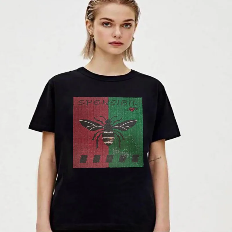 

2025 повседневные футболки с короткими рукавами, женская одежда, модная уличная одежда со стразами и круглым вырезом, хлопковая женская футболка, сорочка Femme