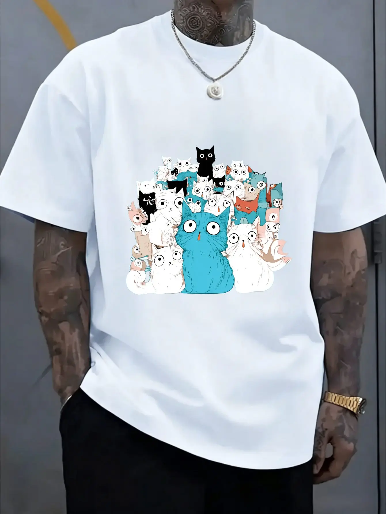 Trendy Mens Cotton Tshirt Kawaii Surprised Multicolor Cat Cluster Graphic Short Sleeve Crew Neck Loose Pet Travel Casual Wear