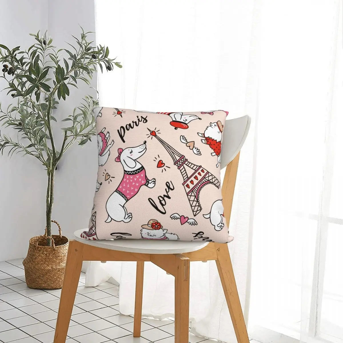 French Style Cartoon Dachshund And Eiffel Tower Pillow Case Dog Lover Cushion Cover Decorative Throw Pillow Case Cover for Home
