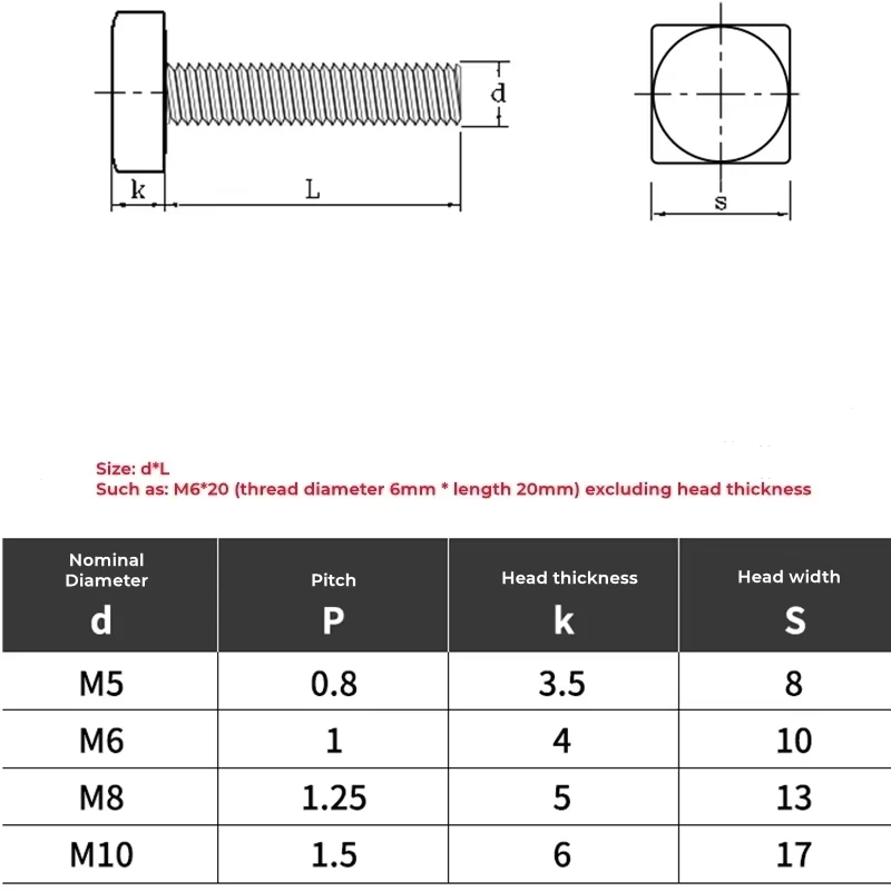 304 SUS Square Head Full Thread Bolts GB35 Metric Bolt M4 M5 M6 M8 M10 M12 8mm-100mm Hardware Connection Fasteners