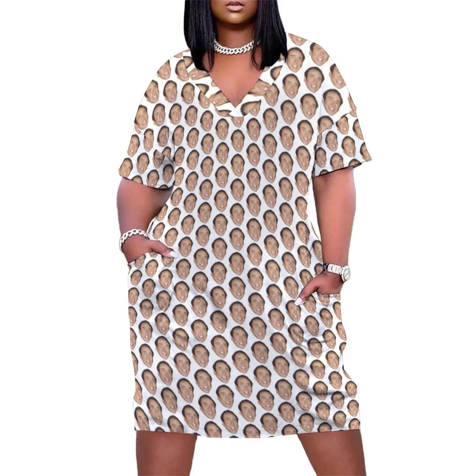 Nicolas Cage Face Pattern Design Loose Pocket Dress long sleeve dress women's summer clothing 2025