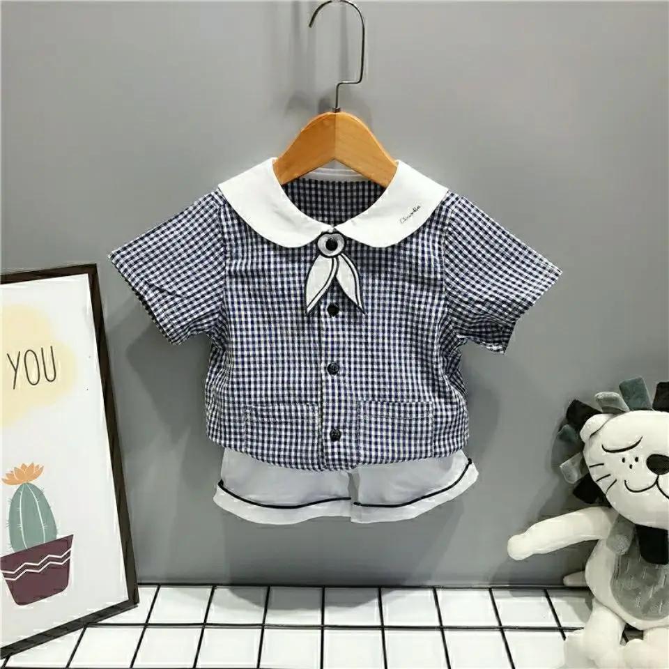 New Summer Children\'s Wear Set Trendy Brother Sister Suit Plaid Boys Cotton Shirt Shorts 2pcs Suit Girl Baby Casual Stripe Dress