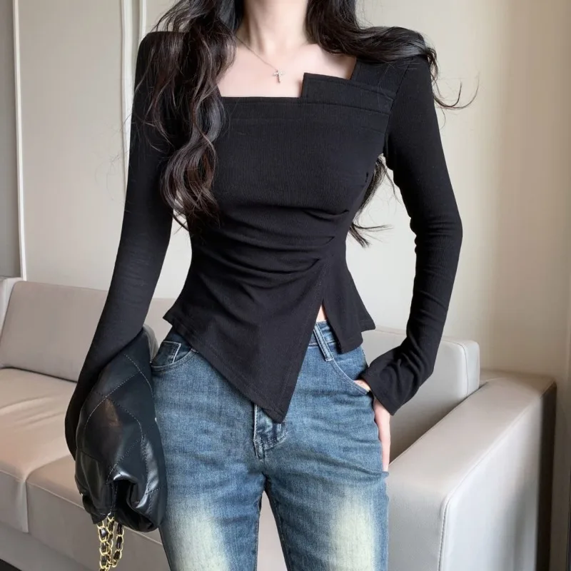 Irregular Women T Shirt Korean Style Velvet Crop Top Long Sleeve Tees Tshirts Femme Clothes Y2k Solid Spring Slim T-shirt 2024