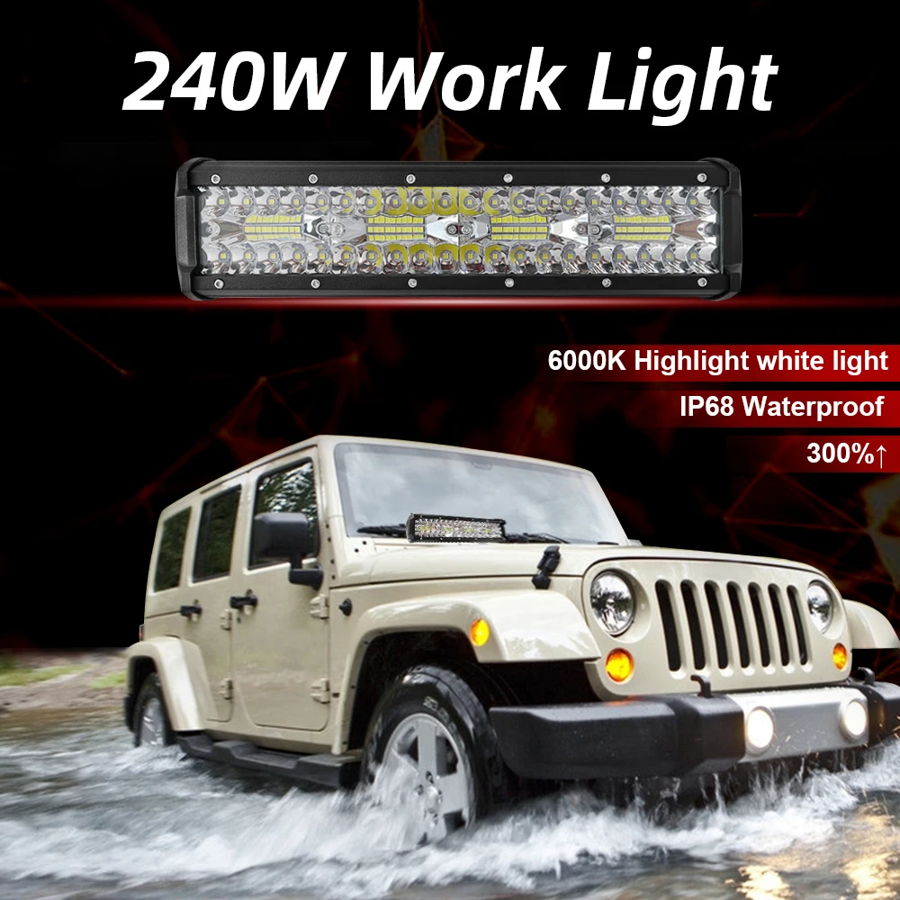 Super Bright 13 Inch LED Work Light Bar 240W Combo Day Running Light IP68 6000K 12V 24V For ATV Truck 4x4 accessories off road