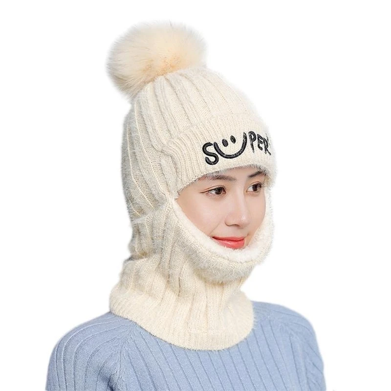 النساء الشتاء قبعة صغيرة محبوكة بالاكلافا قبعة رسائل التطريز فو صوف مبطن سستة قناع الوجه الرقبة أدفأ في الهواء الطلق التزلج