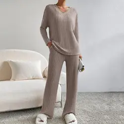 Ribbed Knit Pajama Set Cozy Knitted Sweater Pants Set with V Neck Pockets for Fall Winter Homewear Pajamas Set for Women Elastic