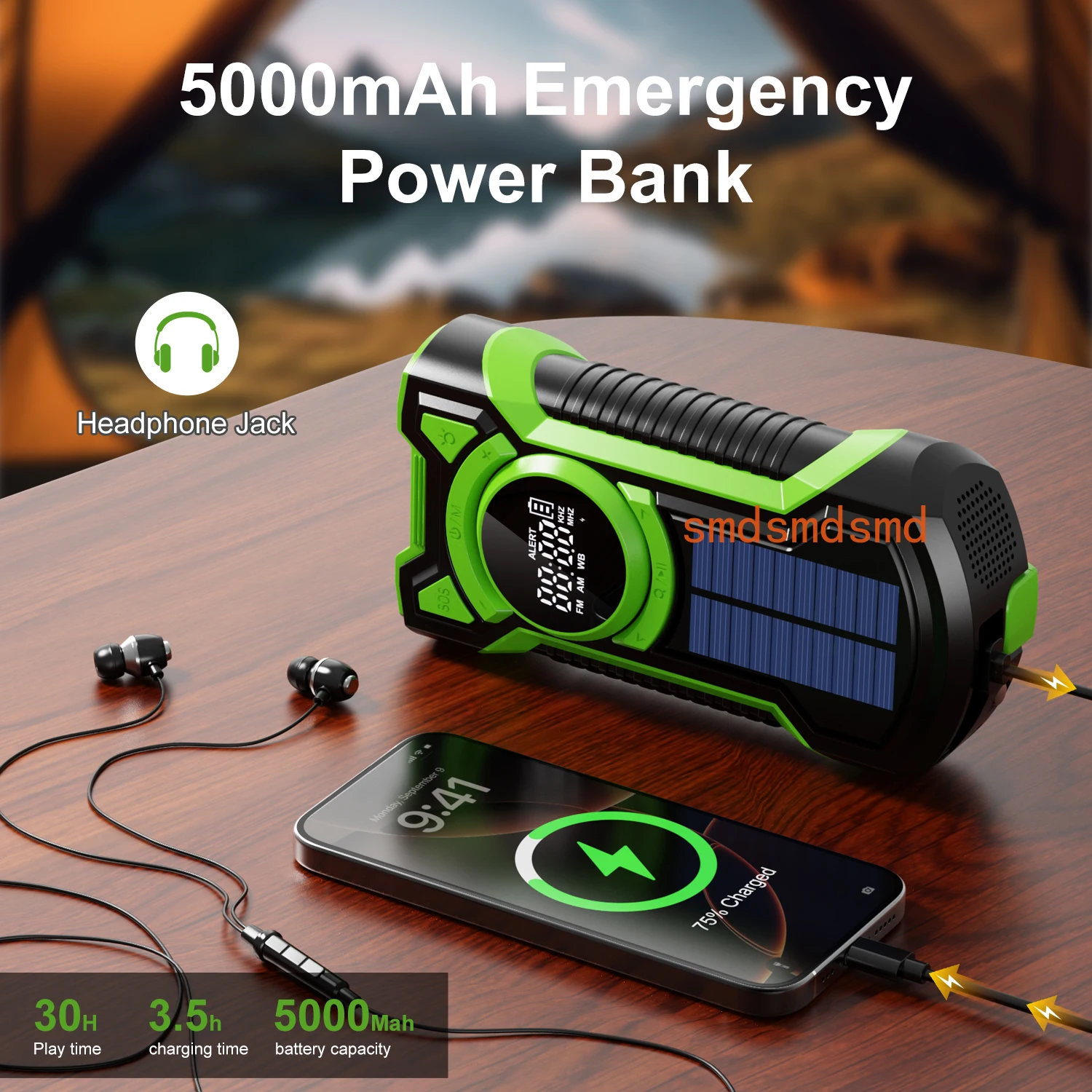 Emergency Radio Hand Crank Solar 5000mAh, IP65 Waterproof Dustproof Bluetooth 5.3 Portable AM/FM/NOAA Weather Alert Radio