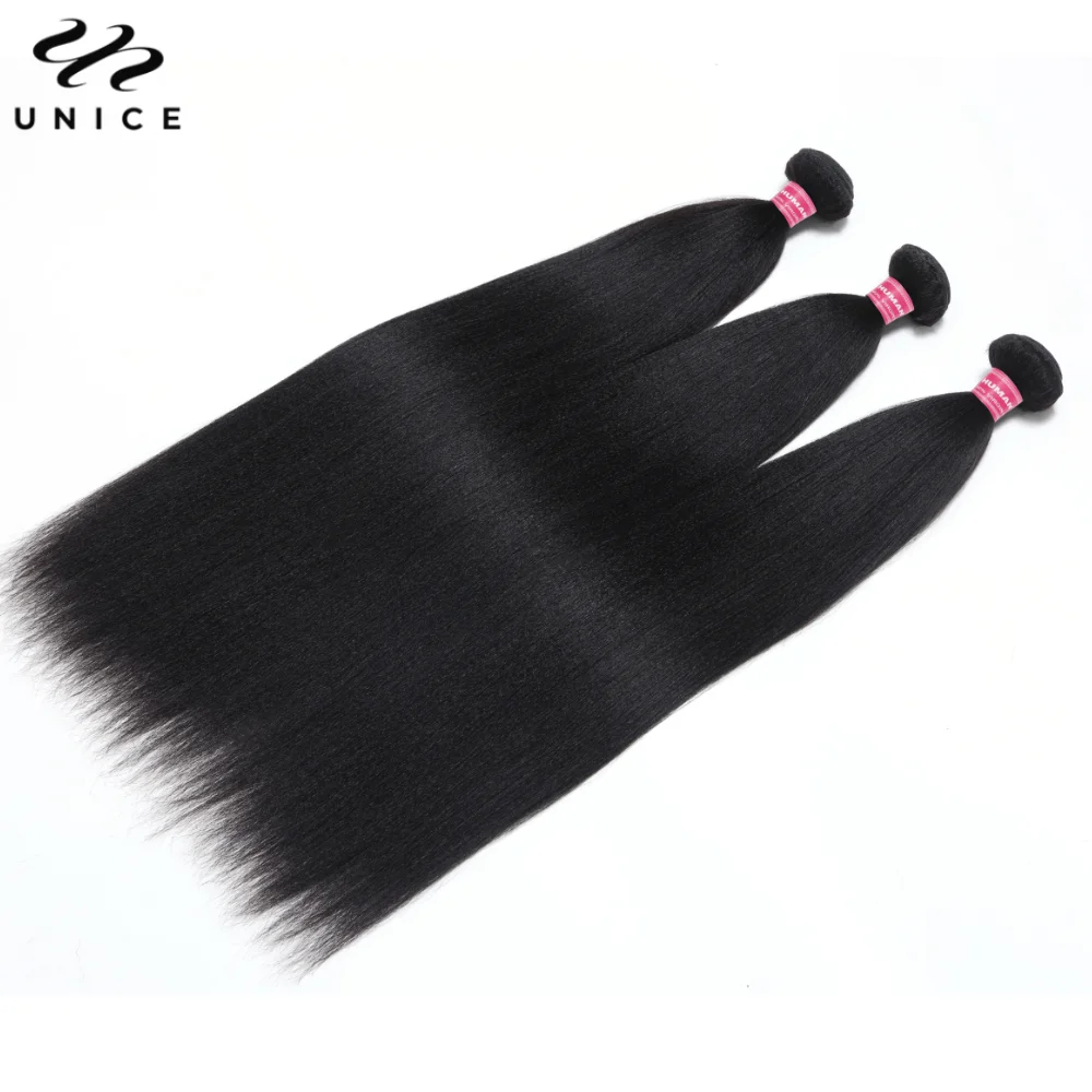 Unice-Yaki Straight Hair Bundles, 100% Pacotes de Cabelo Humano, Cor Natural, Quick Weave, Costurar Tradicional em Pacotes, Atacado, 3Pcs