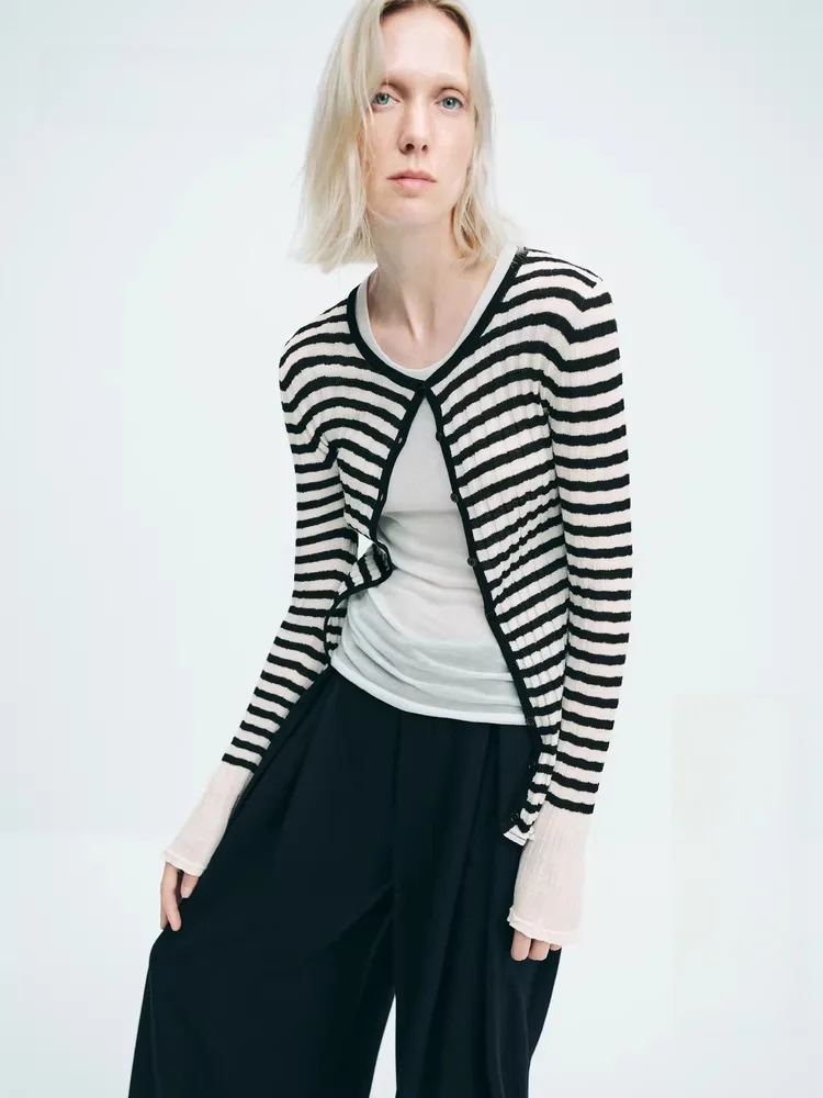 

Edition Winter New Pure Wool Knitted Stripe Open Cardigan Slim Fit V-Ne Long Sve Regular Length Button Closure Wool Blend