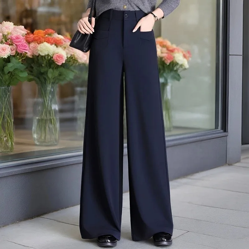 Women High Waist Wide Leg Suit Pants Slim Straight Casual Trousers Elegant Drape Office Long Pants