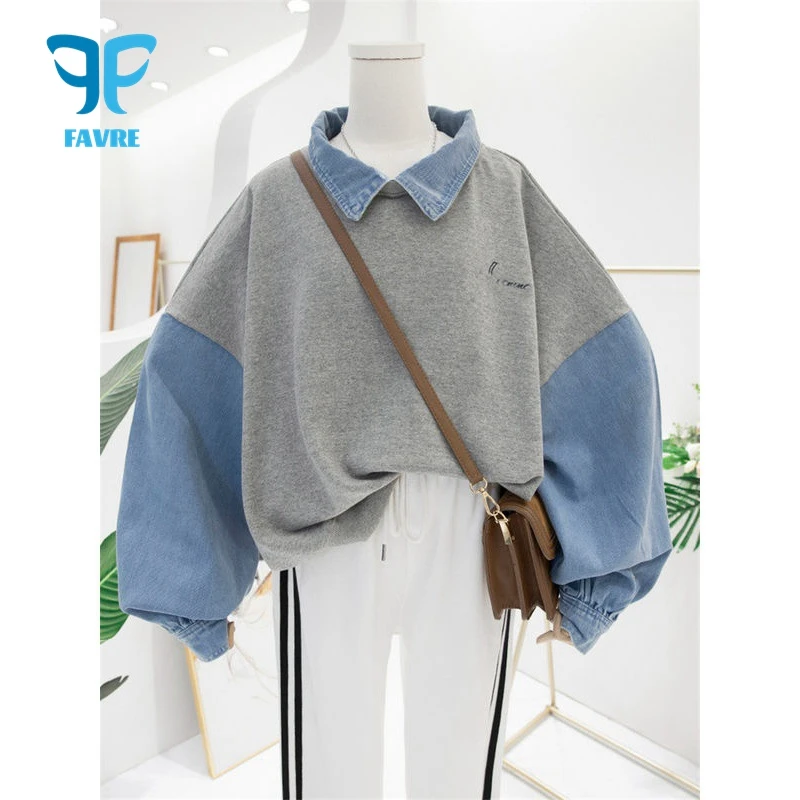 

FAVRE Denim Stitching Sweatshirts Polo Lapel Contrast Pullovers Women Spring Autumn Thin Hoodies Korean Version Casual Ins Tops