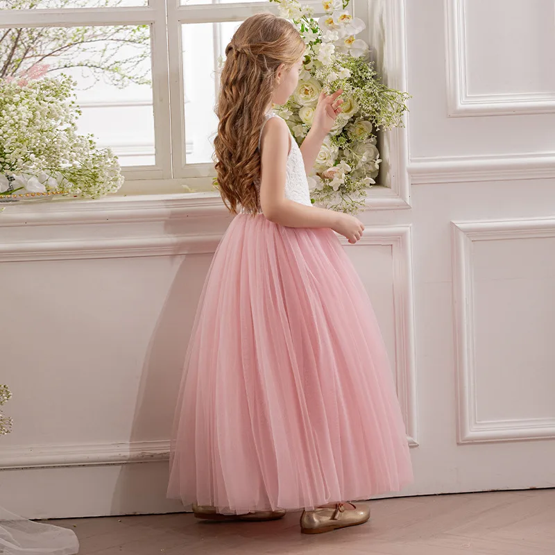 فستان الأميرة من التول المطرز بالدانتيل على شكل حرف V من الخلف للأطفال وحفلات أعياد الميلاد وحفلات الزفاف وحفلات التخرج الأولى