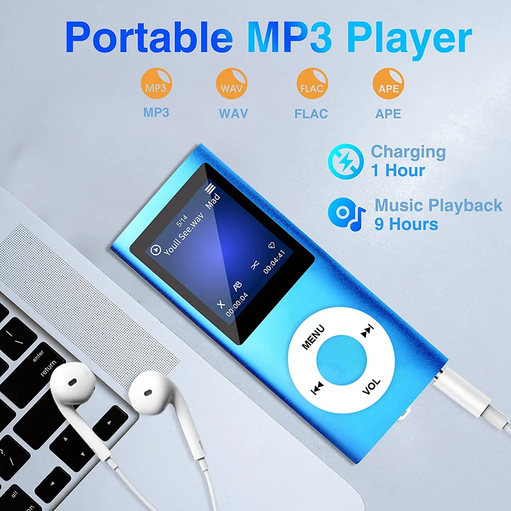 MP3-плеер с Bluetooth 5.0, музыкальный плеер с TF-картой 32 ГБ, FM, наушниками, портативным музыкальным плеер Hi-Fi (синий)