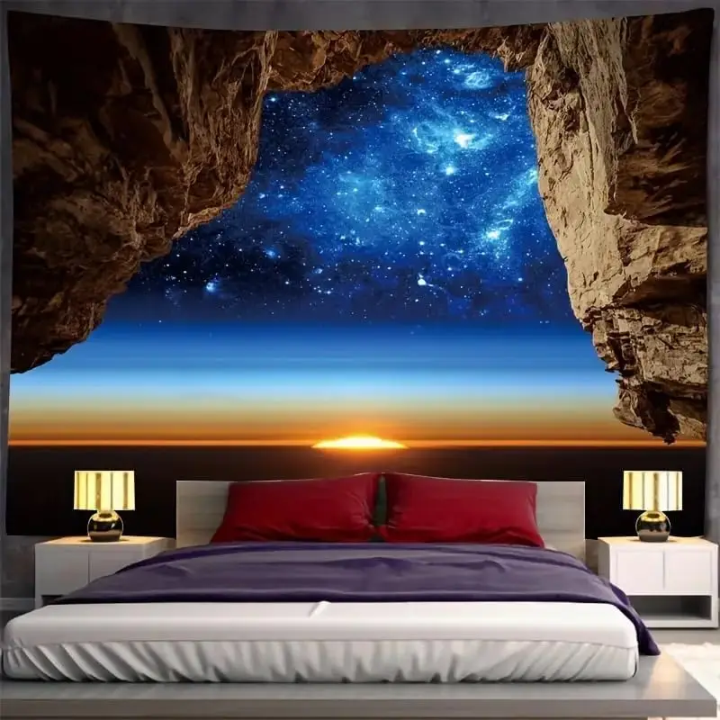 Cave Ocean Sunrise Scenery Starry Tapestry Rustic Wall Art Landscape Magic Sky Blue Fantasy Galaxy Nature Wild Wall Hanging