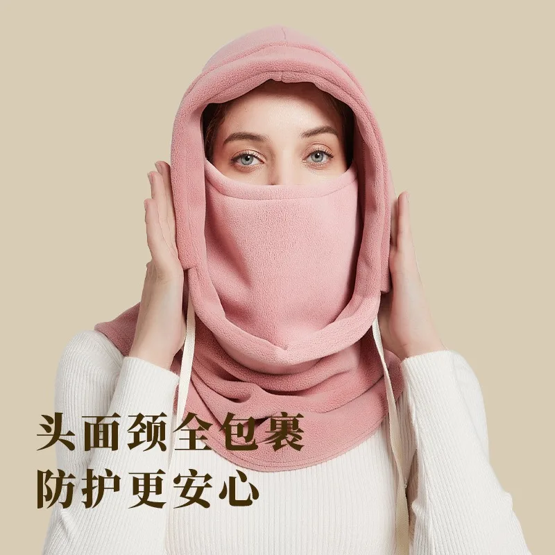 قبعة شتوية دافئة من الصوف القطبي، قناع تزلج مقاوم للرياح، ياقة متكاملة للرياضات الخارجية بقلنسوة دافئة