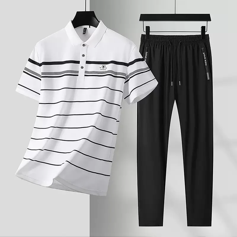

New Summer Fashion Trendy Comfortable Breathable Short Sleeve Polo Shirt Set Men's Casual Loose Sports Plus Size Two-Piece Set