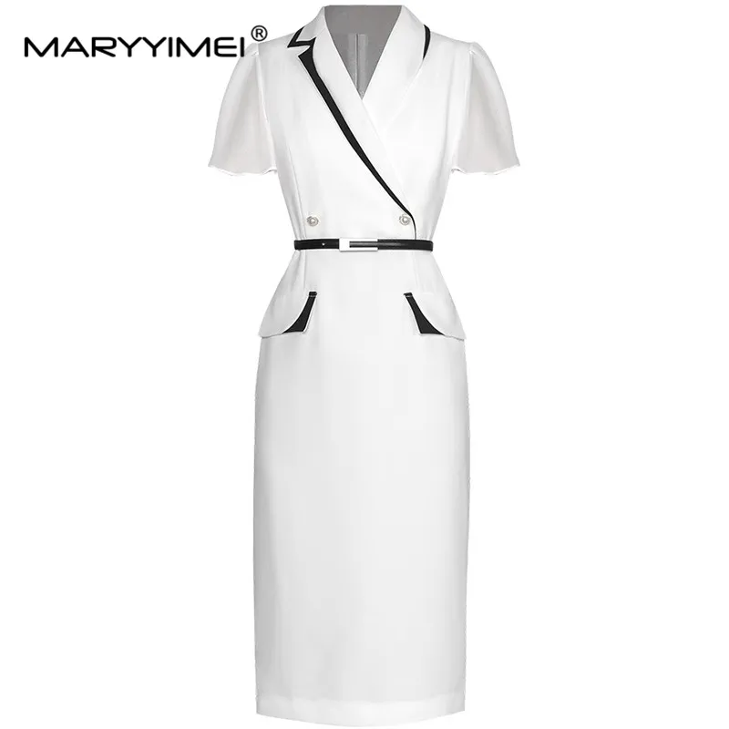 

MARYYIMEI Black/White Fashion Summer Woman's dress Short sleeved Lace up Commuting Elegant Package hip Dresses