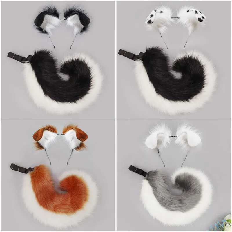 Funny Handmade Plush Spotted Dog Animal Ear Headband Rolled Tail Accessory L55cm Cosplay Party Halloween Props