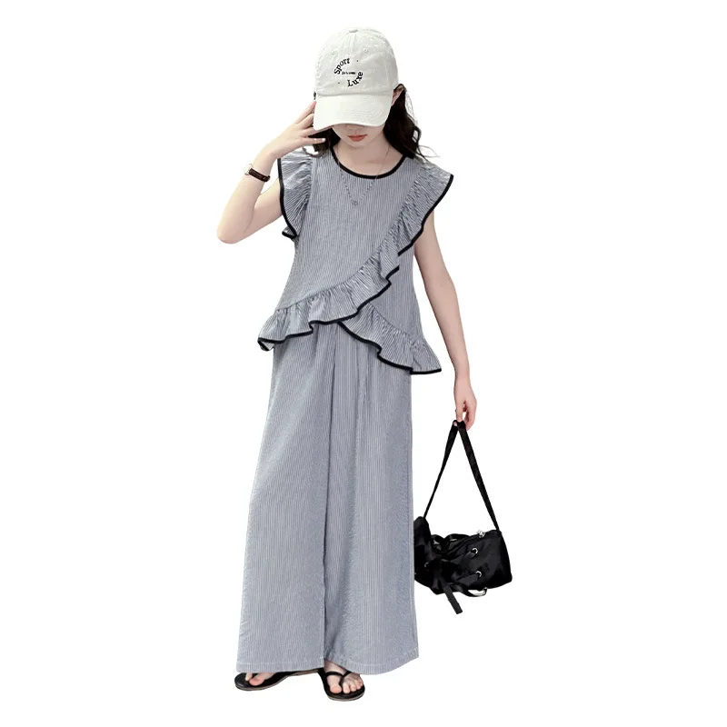 

Детский комплект: брюки с пышными рукавами и полосатыми оборками, летний комплект для девочек-подростков, повседневная одежда, летний комплект из двух предметов