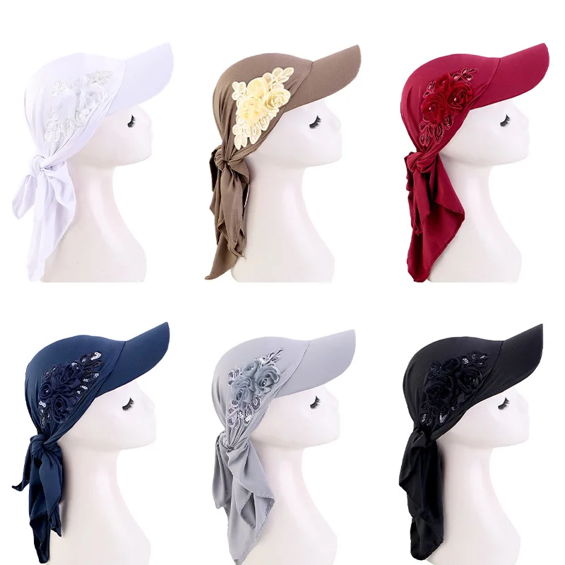 Women Bandana Turban Headscarf Adjustable Sequins Flower Baseball Cap UV Protection Sun Hats Visor Scarf Hijab Turbante Mujer