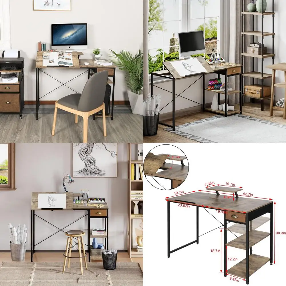 Adjustable 43 Art Desk with Storage Shelves and Drawer, Monitor Stand, Tiltable Drafting Table for Home Office, Artistic and Wri