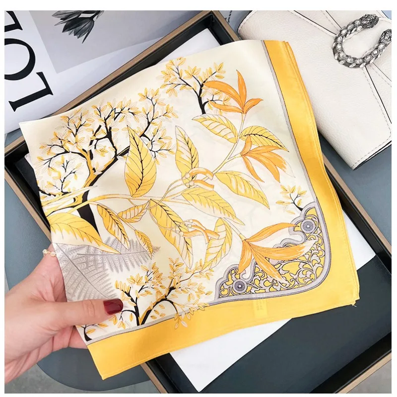 1pcs 70cm Fallen Leaf Autumn Yellow Silk Scarf for Women Simulated Silk Elegant Fresh and Versatile Headwear and Clothing