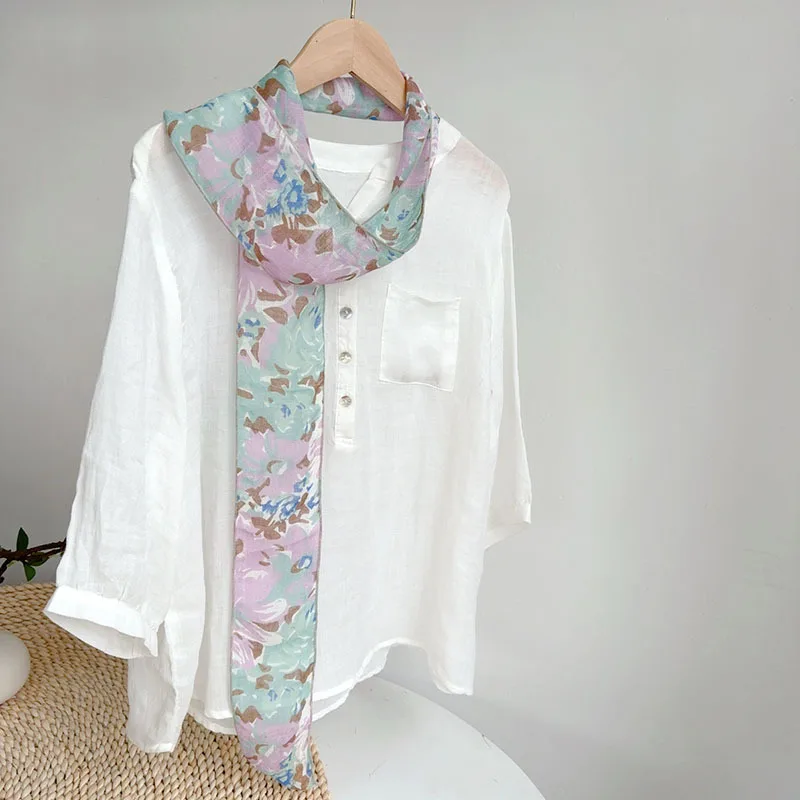 

Scarf Linen Women Neck Wrap Sun Protection Linen Long Narrow Thin Breathable Summer Accessory For Beach Spring Holiday Gift