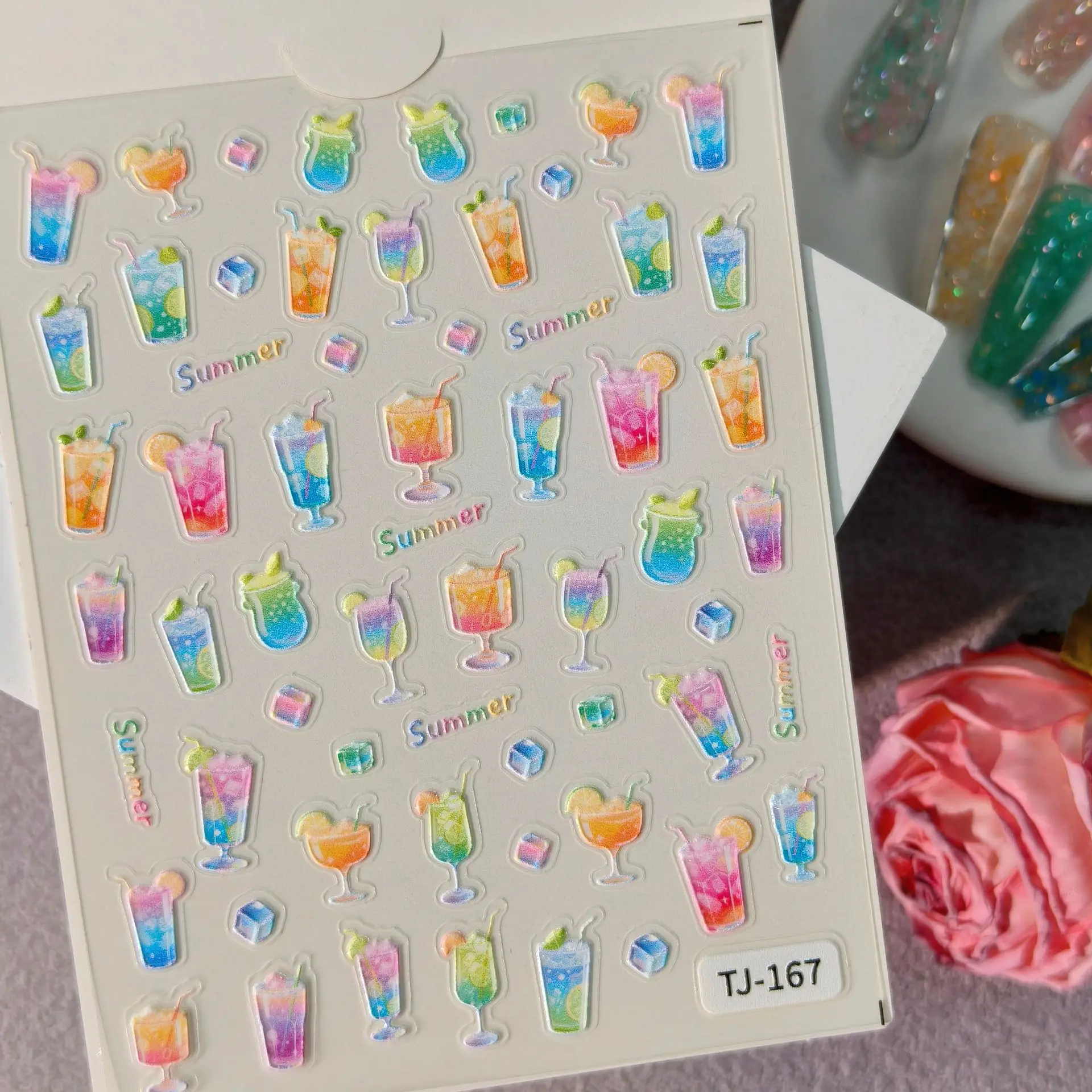 1 Set 5D Embossed Summer Drink Nail Stickers Ice Cream Pudding Ice Cube Self Adhesive Nail Art Decor Ornaments