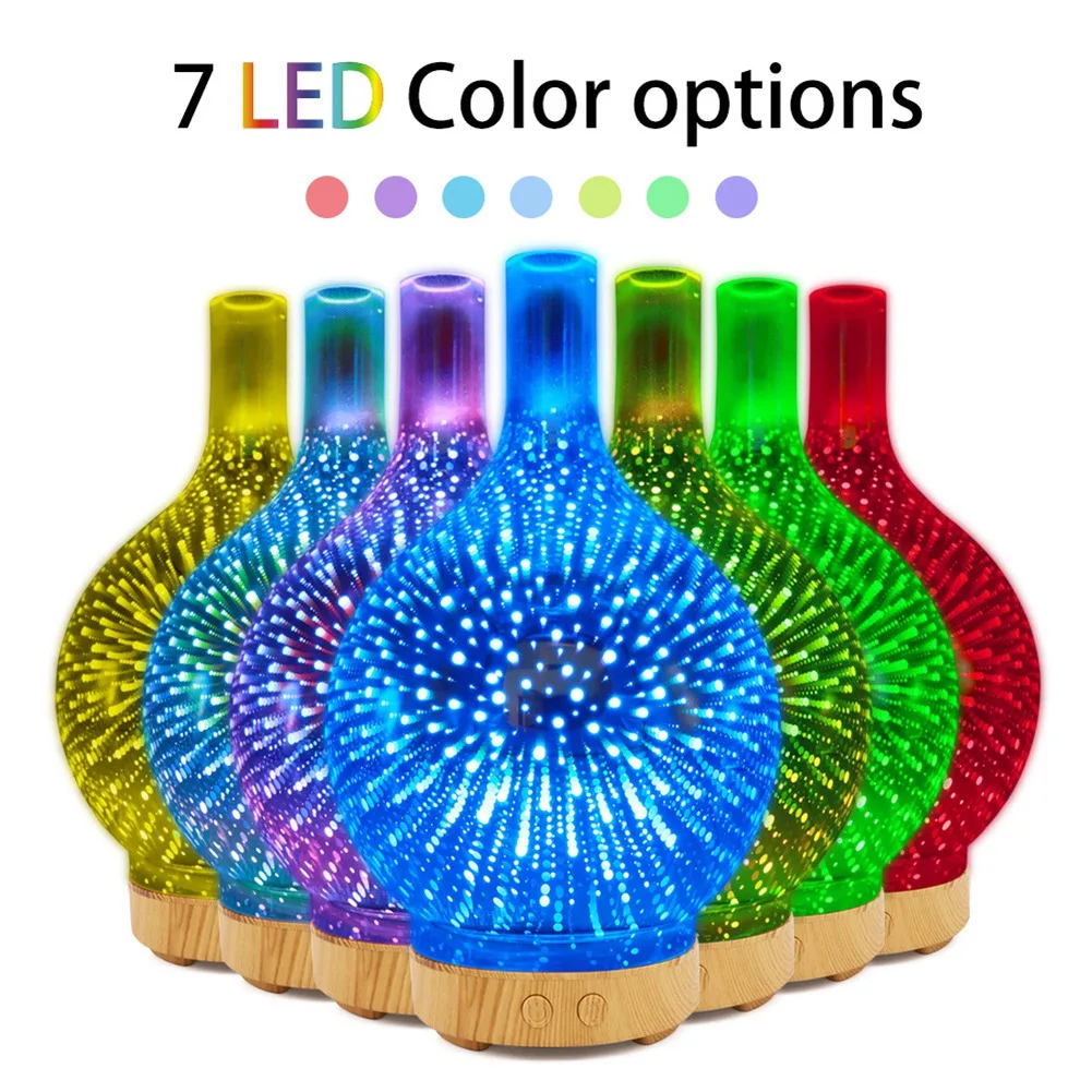 HOT 3D ดอกไม้ไฟแก้ว USB Air Humidifier 7 สี LED Night Light AROMA Oil Diffuser Cool Mist Maker สีดํา EU Plug
