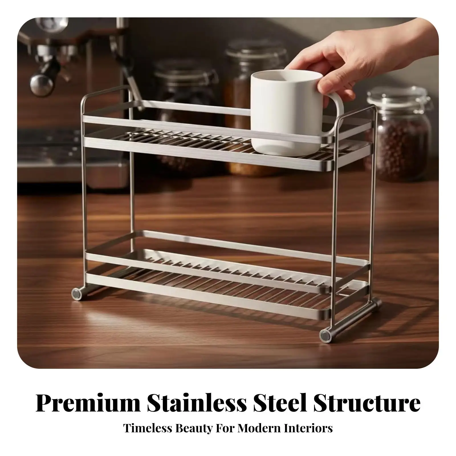 Two-Tier Storage Rack Brushed Silver Slatted Shelf Raised Rails Countertop Organizer for Kitchen, Lavatory