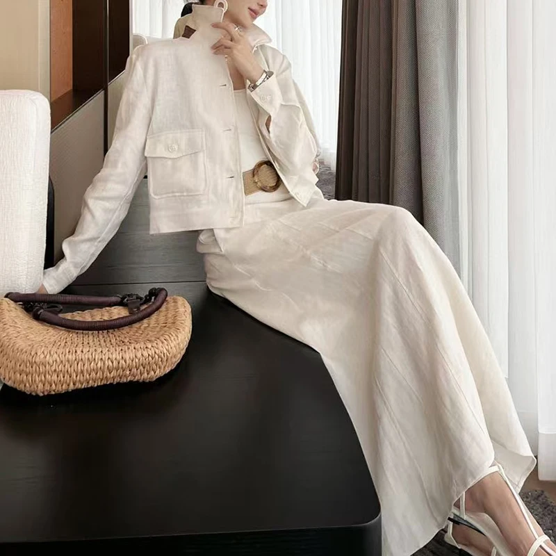 Falda de medio cuerpo de lino para mujer, falda larga con decoración de cinturón, falda acampanada de viajero a la moda, conjunto de chaqueta de alta calidad, verano, nuevo,